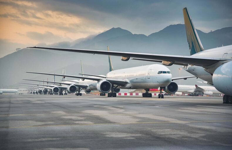 airline fleet parked at the airport