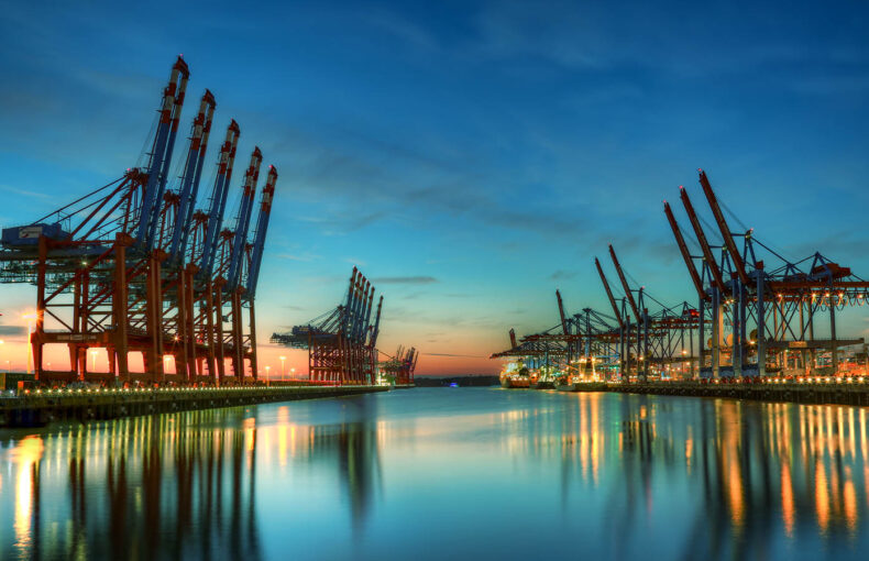 Container terminal Burchardkai in the port of Hamburg at dusk