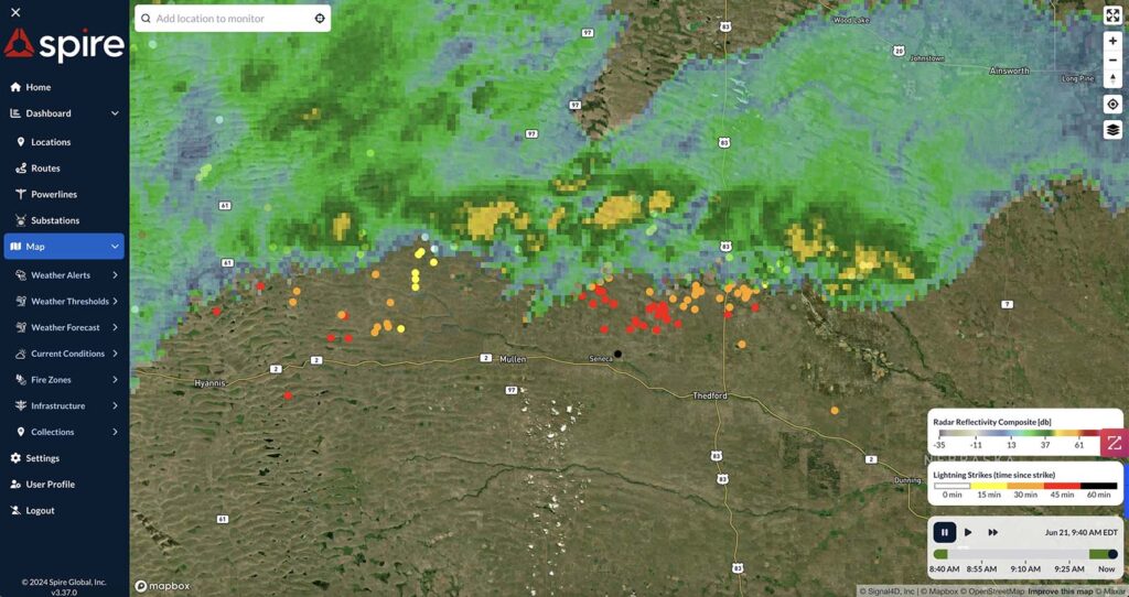 Spire's DeepVision™ dashboard showing radar image and lightning strikes