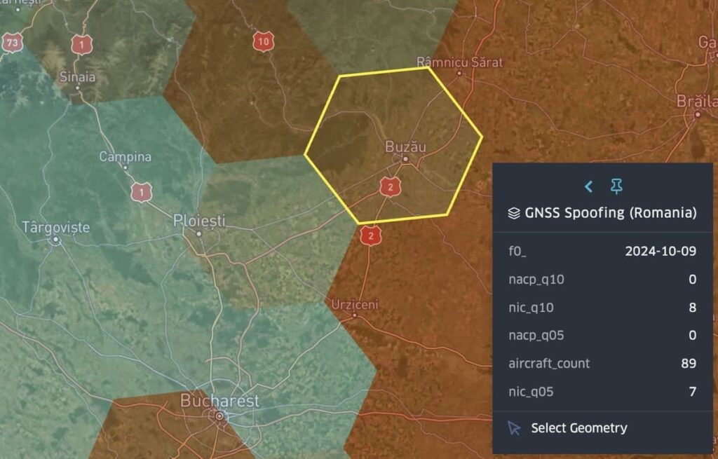 Spire Aviation GNSS integrity metrics near Boboc Airfield, Romania – spoofing indicators affecting at least 89 aircraft (October, 2024)