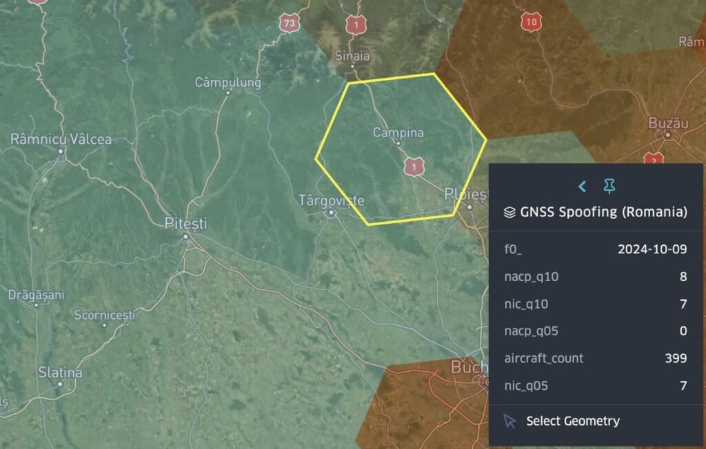 Hex ~150 km west of Boboc – spoofing indicators in data from 399 aircraft (October, 2024)
