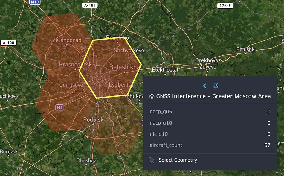 Figure 3: Spire Aviation GNSS interference data in Moscow from May 7 - 9, 2025 (NACp_q05=0, aircraft count > 40)