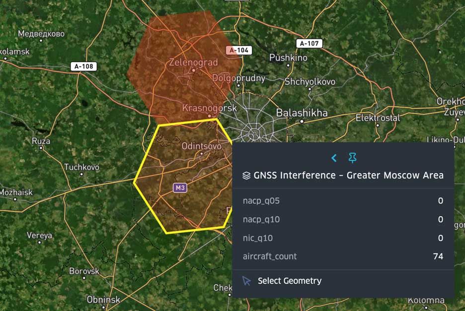 Figure 4: Spire Aviation GNSS interference data in Moscow from May 7 - 9, 2025 (NACp_q05=0, aircraft count > 60)