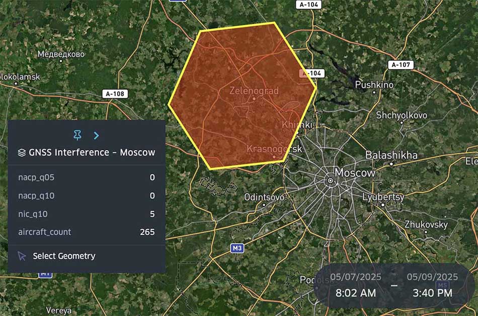 Figure 5: Spire Aviation GNSS interference data in Moscow from May 7 - 9, 2025 (NACp_q05=0, aircraft count > 100)