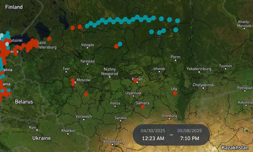 Figure 6: Spire Aviation GNSS interference data in urban zones from April 30 - May 8, 2025 (NACp_q05=0, aircraft count > 60)