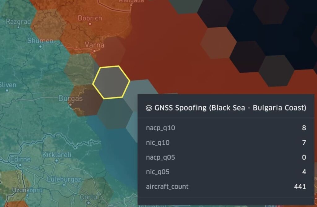 Spire Aviation GNSS spoofing data along the Bulgarian Coast - Black Sea (May 24, 2025)
