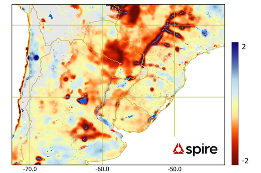 The soil moisture anomaly map, highlighting deviations from long-term averages, both based on proprietary Spire data over South America in February 2024