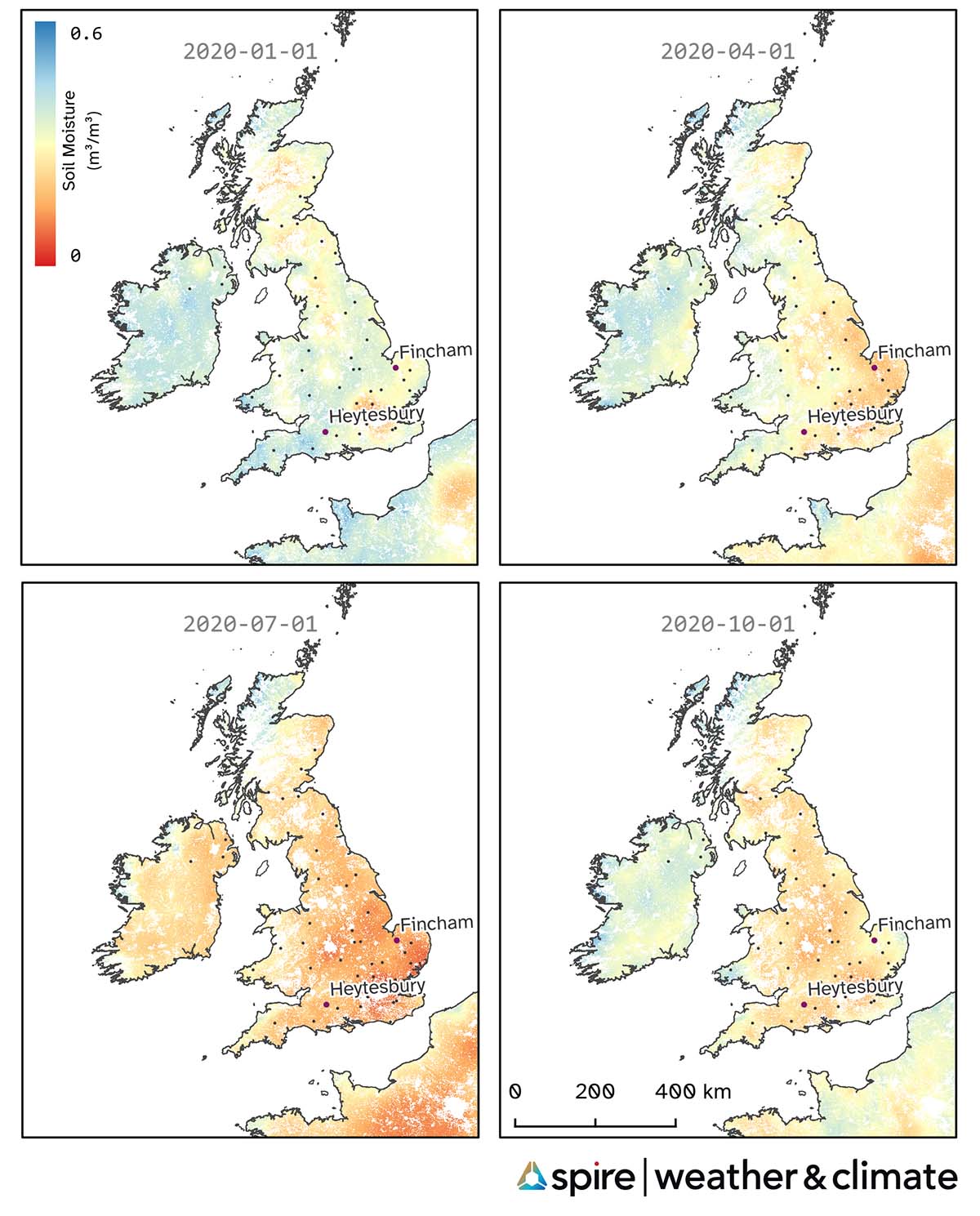 Spatial maps of Spire’s 500-meter soil moisture product (D-ESSM) over the United Kingdom