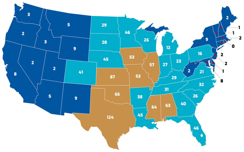 The average annual number of tornadoes per state (2003-2022) based on data from the National Weather Service Storm Prediction Center