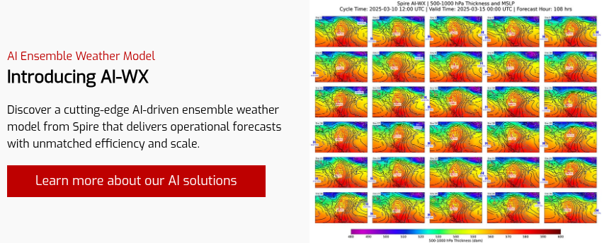 AI Ensemble Weather Model Introducing AI-WX Discover a cutting-edge AI-driven ensemble weather model from Spire that delivers operational forecasts with unmatched efficiency and scale.